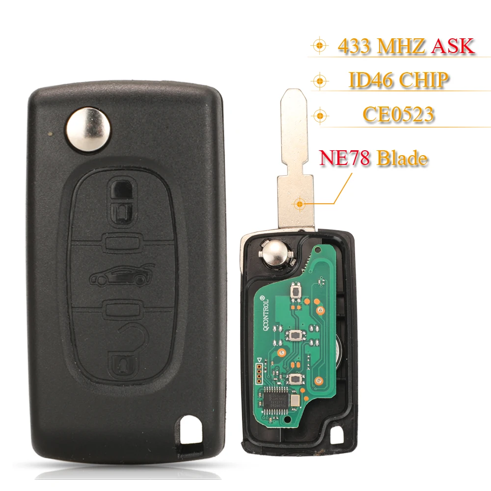 

jingyuqin 3 Buttons Folding Flip Car Remote Key Fob 433MHZ ID46 Chip For Peugeot 607 2004 - 2010 With NE78 Blade CE0523