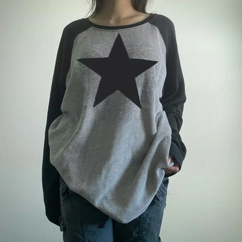 

American Street Oversized T-Shirt Patchwork Black Grey Hip Hop Harajuku Shirt Summer Vintage Star Print T-Shirt Pullover Woman