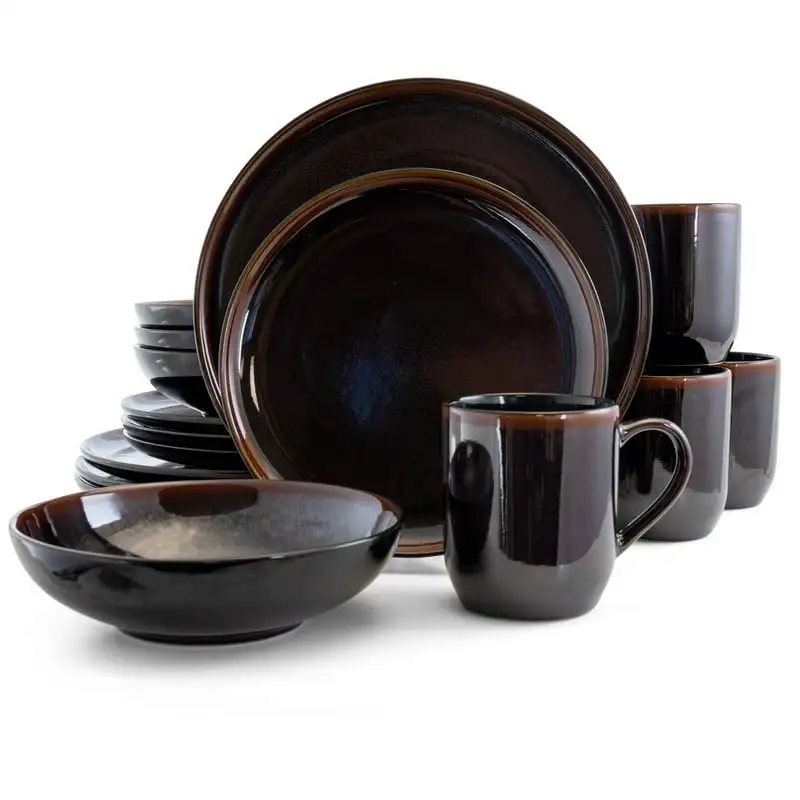 

Beach 16 Pieces Round Stoneware Dinnerware Set in Metallic Black