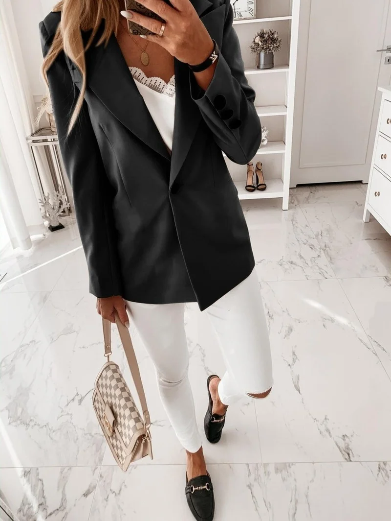 Solid Colors Long Sleeve Single Button Notched Blazer Female Office Lady Elegant Blazer 2021 New Work Clothing Commute Blazers