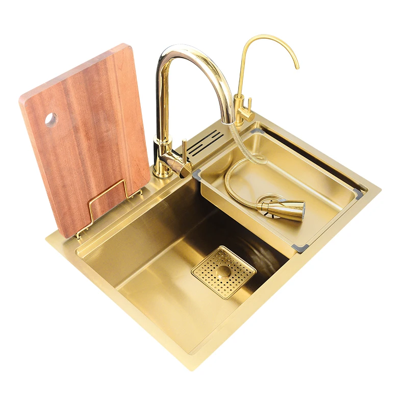 kitchen sink brushed gold 304 stainless steel with knife holder ladder handmade single bowl gold drainer large size free global shipping