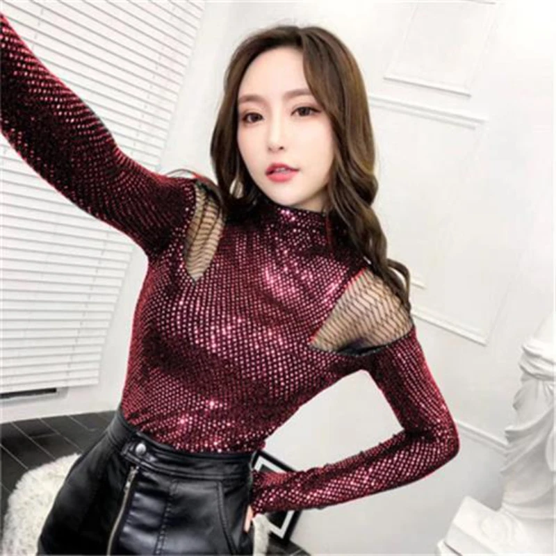 

Woman Patchwork Print T Shirt Female Hollow Out Tops Fashion Mesh Bottoming Shirt Ladies Long Sleeve Tops Fashion Shirt Top G236