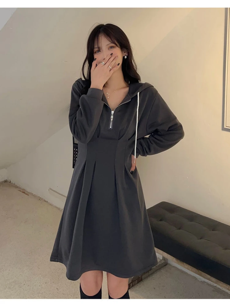 

Hooded Women Dress Autumn Vintage Zipper Causal Dresses Elegant Korean Fashion Long Sleeve Y2k Robe High Street