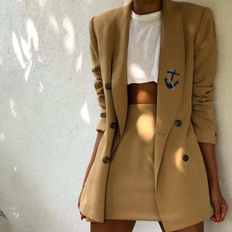 Preppy Style Embroidered Blazer Women Mid Length Patchwork Double Breasted Suit Office Lady 2021 New Fashion Vintage Blazers Y2k