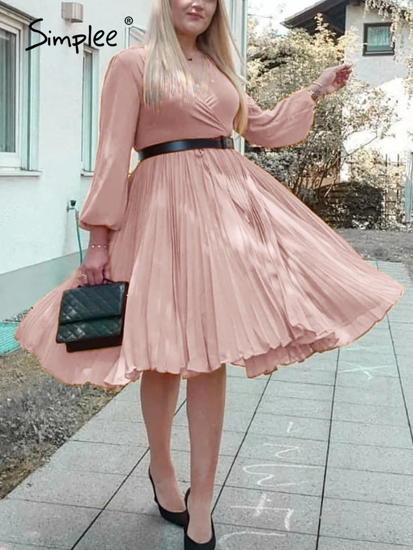 

Simplee Casual pleated deep v-neck summer dress women beach Elegant pink puff long sleeve spring midi dress Sexy mujer vestidos