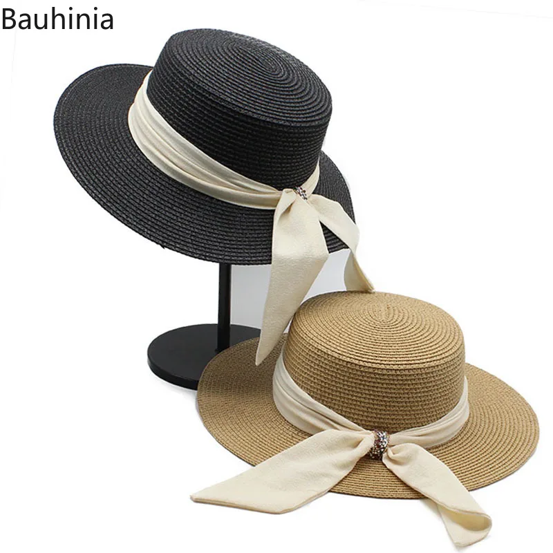 

Шляпа Bauhinia женская Соломенная с бантом, праздничная пляжная Панама с плоским верхом, шляпа от солнца, с белой лентой