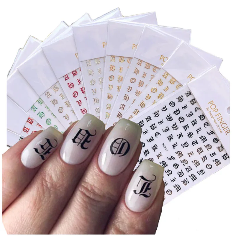 

Holographic Decals Nail Art Stickers English Old Font Black Number Tattoo Nail Design Water Sliders Manicure Wrap WG331