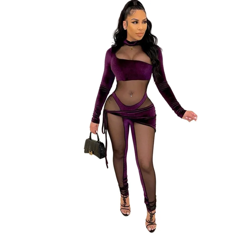 

Sexy O Neck See Through Jumpsuit Women Herfst Patchwork Mesh Midnight Style Overall Hot Cleavage Lace Up One Pieces Clubwear