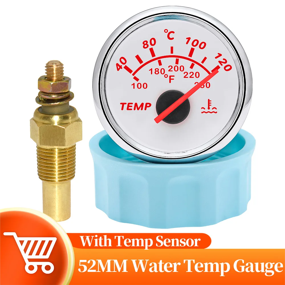 

52mm Marine Water Temperature Meter 40-120℃ With 10mm 1/8NPT Car Temperature Sensor With Red Backlight For Car Boat 12/24V