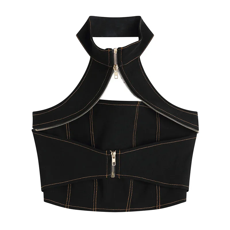 Женский укороченный топ на молнии черный ажурный корсет с лямкой шее и открытыми