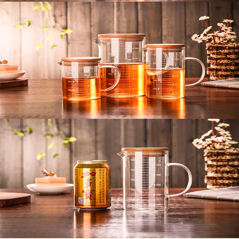

500/1000ML Wine Glasses Crystal Measuring Cup with Bamboo Lid Bubble Tea Cup with Scale Mark Can Be Use The Microwave Drinkware