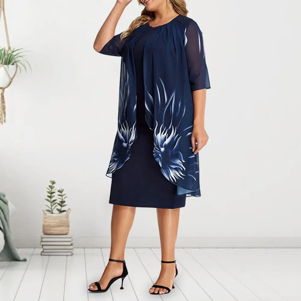 

Elegant Women Dress O-neck Half Sleeve 3D Flower Print Lady Dress Chiffon Cardigan Design Fake Two Pieces Gown Dress Workwear