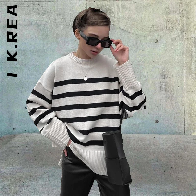 

Женский вязаный свитер с длинным рукавом I K.Rea, изящный вязаный свитер, теплый элегантный женский свитер в стиле Харадзюку, универсальная тр...