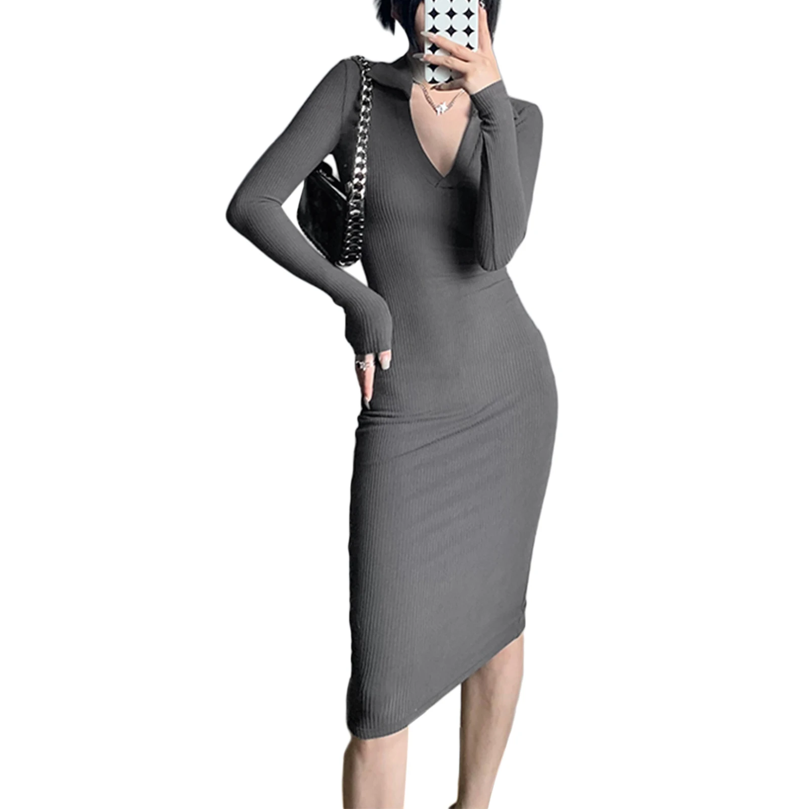 

Women Fall Casual Dress Solid Color Lapel V-Neck Long Sleeve Bodycon Skirt Gray/Black/Coffee