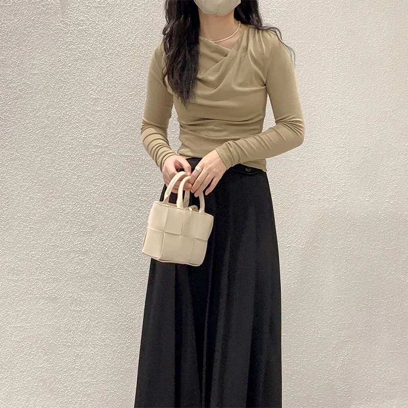 Женская Однотонная футболка с длинным рукавом простая эластичная Приталенная