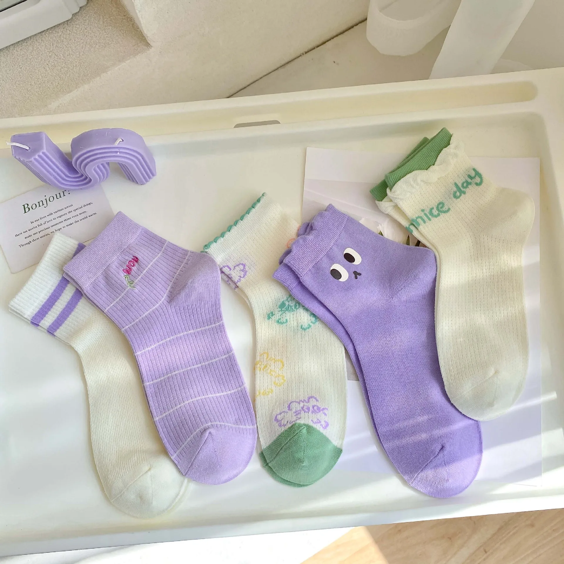 

Весенне-летние тонкие короткие носки японские милые сетчатые дышащие хлопковые носки средней длины для девочек в студенческом стиле фиолетовые хлопковые носки