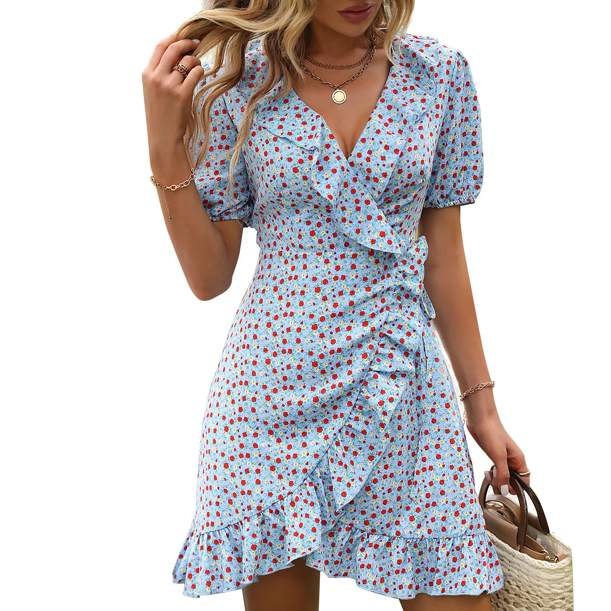 

2023 Summer New Ruffle Dress Amazon Cross Border French Style Chiffon Polka Dot V-Neck Skirt Vestidos Para Mujer Vestido Dress