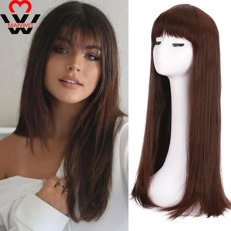 MANWEI Synthetic Long Straight Dark Brown Wigs with Bangs for Black White Women High Temperature Fibre Hair Daily Use