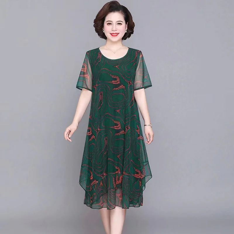 

SS4 Mom's Summer Dress 2023 New Fashionable Middle aged Women's Spring/Summer Thin Fashion 3/4 Sleeve Fragmented Flower Skirt