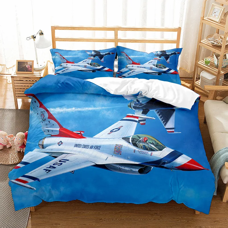 Набор постельного белья "Airplane Duvet Cover Set Blue Sky Aviation Aircraft Runway Bedding 3D Luxury Microfiber Comforter for Men Kids Boys" в синем цвете.