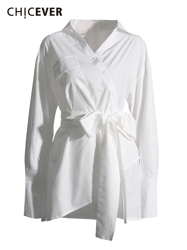 

CHICEVER минималистичное белое платье, женское приталенное платье с отложным воротником и длинным рукавом, Женская мода 2022, летняя одежда