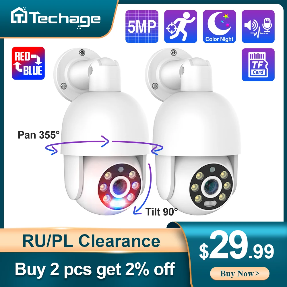 Techage HD 5MP POE IP Camera PTZ Outdoor Camera Two-way Audio Record Full Color Night CCTV Video Security Surveillance System