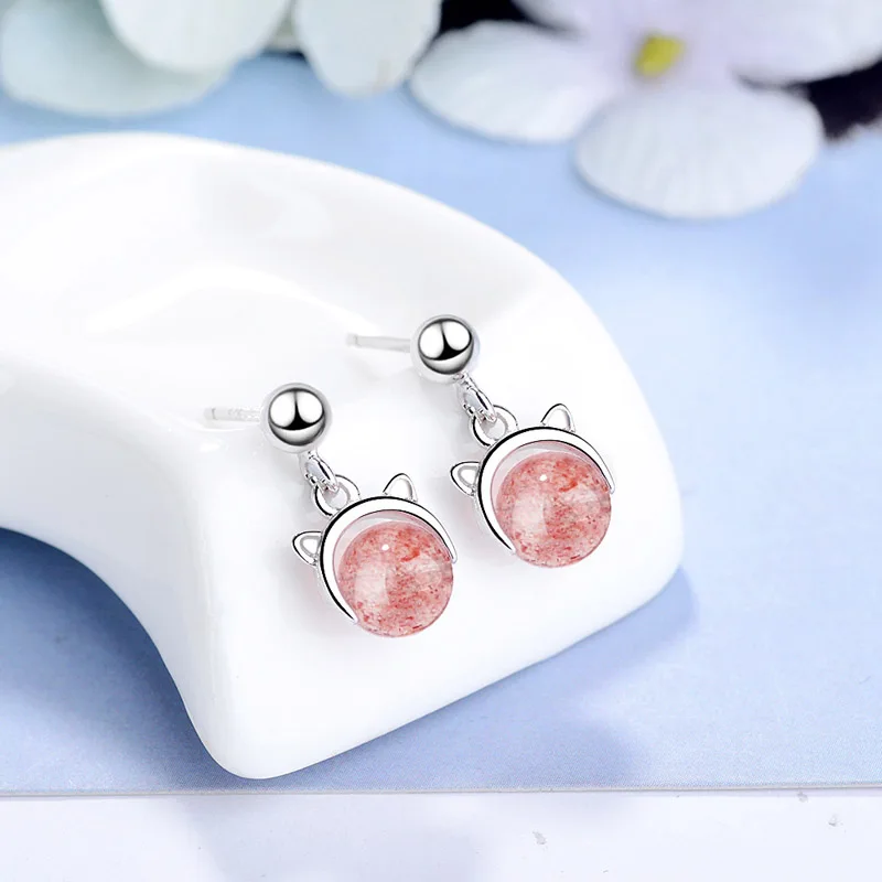 

Elegance Strawberry Colour Stone Cute Pink Cat Ear Stud Earring Gift Lady Girl Gift Fashion Jewelry