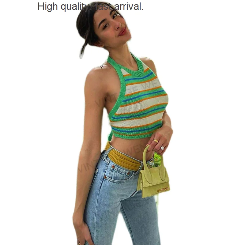 

Женская летняя майка, новинка, Ins, зеленая полосатая, с открытой спиной, на шнуровке, с лямкой через шею, внутренняя одежда