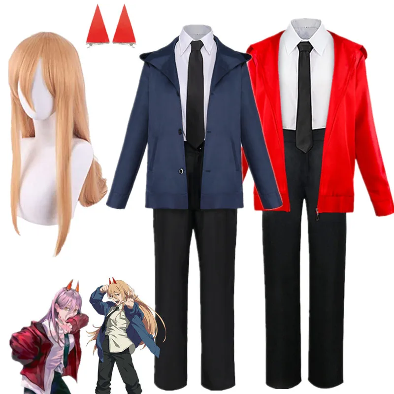 

Костюм для косплея человека из аниме бензопилы синяя куртка Униформа красный наряд головные уборы заколки для волос для Хэллоуина карнавала женская одежда