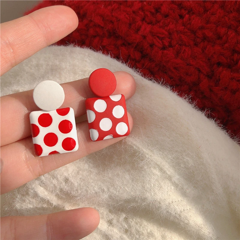 Модные Геометрические Квадратные красные белые серьги-капли в горошек корейский