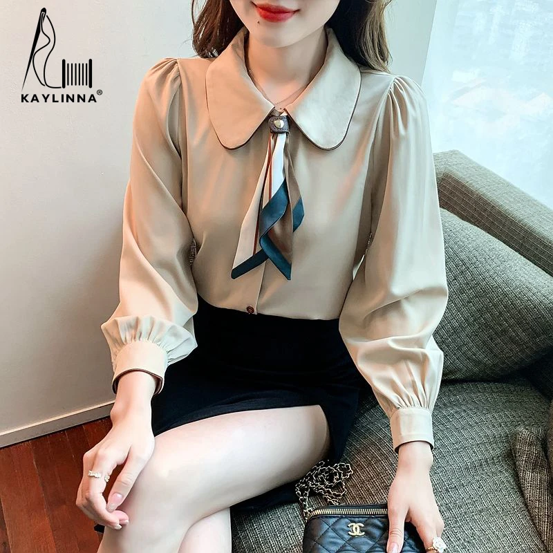 KAYLINNA Autumn Woman Blouse Casual Shirts Turn-down Collar Lace-up Long Sleeves Blouses Women Chiffon Shirt Top Womens Clothing