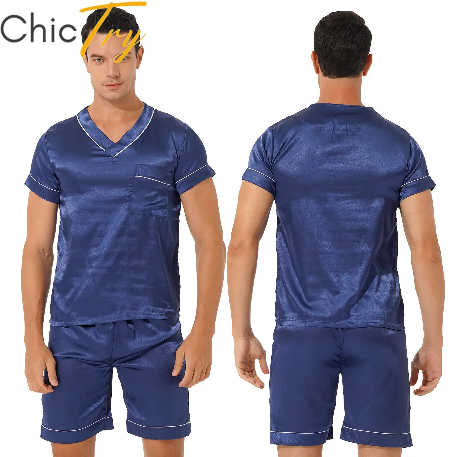 

Men Satin Pajama Set Summer Sleepwear Suits Loungewear Homewear Solid Color Nightwear V Neck Short Sleeve T-shirt with Shorts