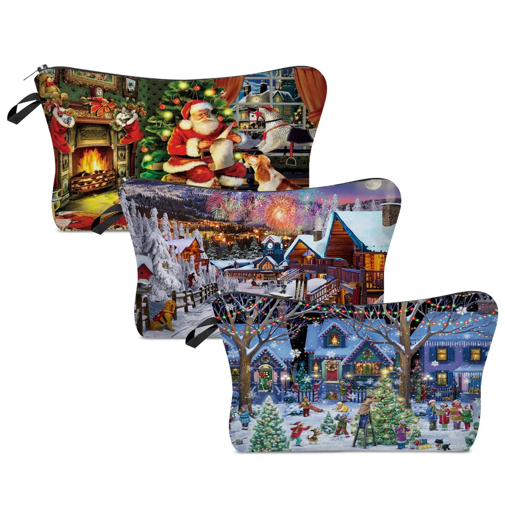 

Women Portable Cosmetic Bags Christmas Print Wash Bag Pouch Travel Storage Zip Toiletries Organizer Female Pocket Money Bag