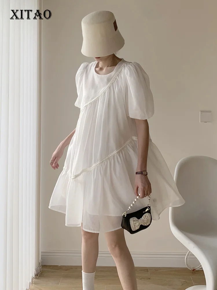 

XITAO Puff Sleeves Dress Fashion Korea Patchwork Mesh Solid Color O-neck Pullover Loose New Arrival Goddess Fan ZY7001