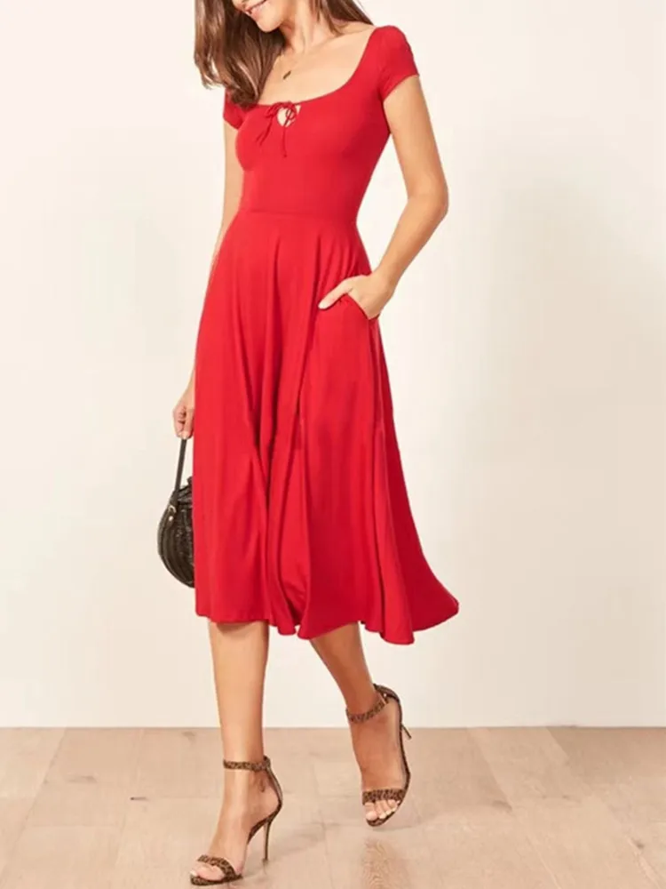 

French Women O-Neck Lace-Up Midi Dress 2023 Early Spring New Ladies Square Collar Lace-Up Short Sleeve Elegant Long Robe