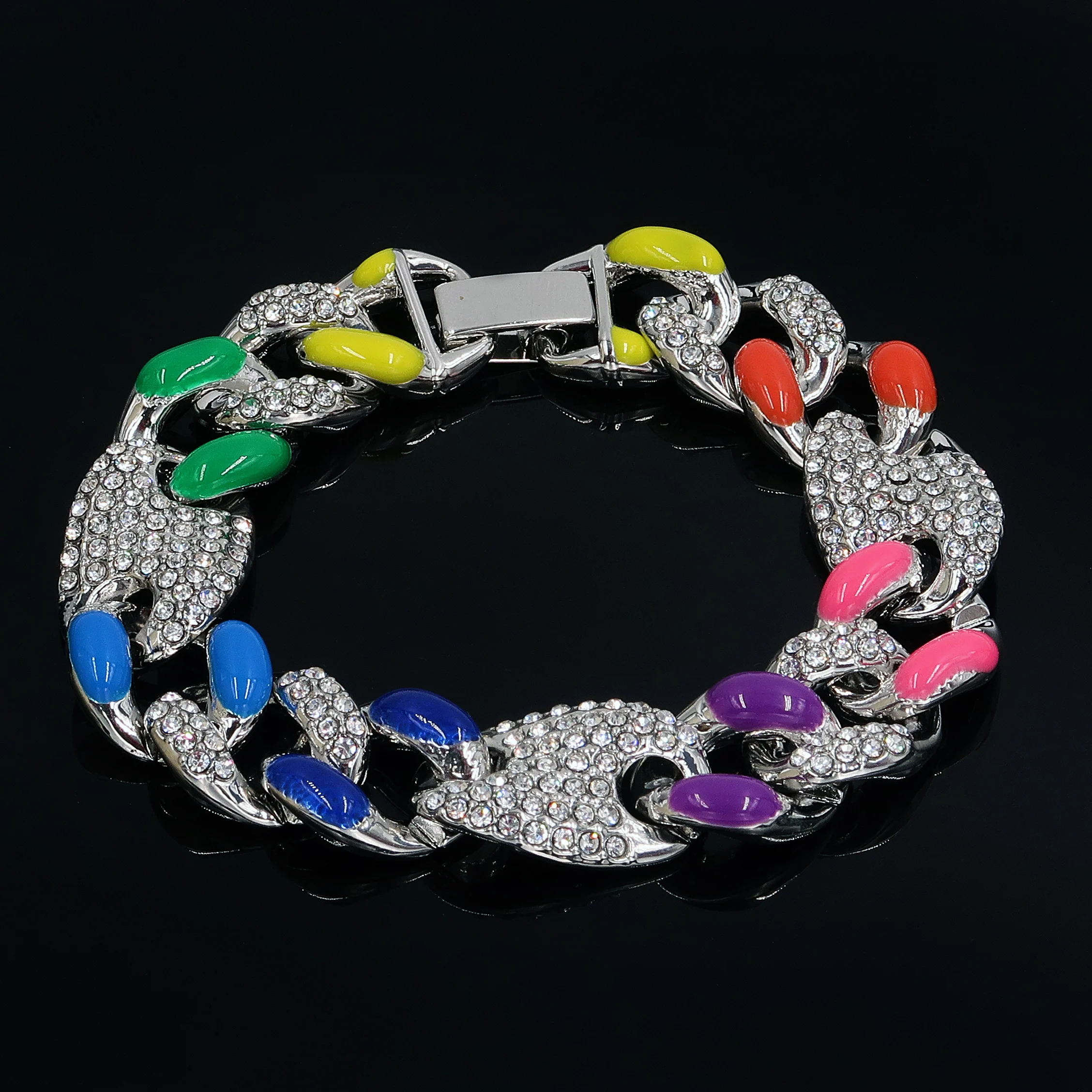 

Men's Summer Hot Selling Colorful Hip Hop Jewelry Neon Rainbow Enamel Iced Out Chain CZ 16mm Miami Cuban Link Chain Men Bracele