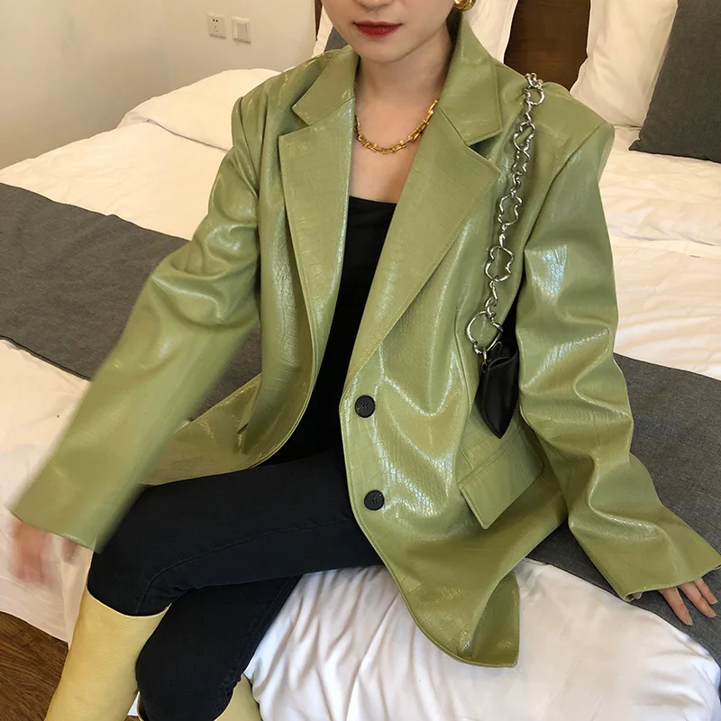 Glossy New 2023 Bright Spring PU Leather Jacket Women Crocodile Pattern Casual Loose Leather Coat Retro Fashion Cool Jacket Y737