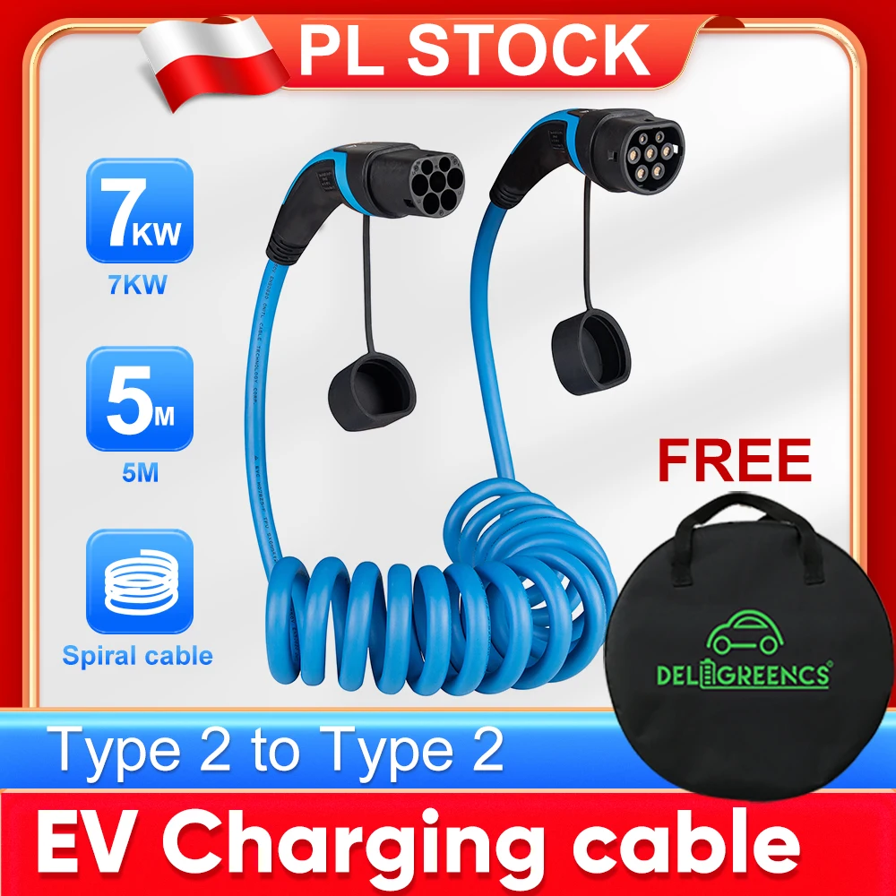 

NEW 11KW 22KW 32A EV Charging Cable 7.4KW Type 2 to Type 2 16A Mennekes Connector Plug With 5M Spiral Cable for Electric Vehicle