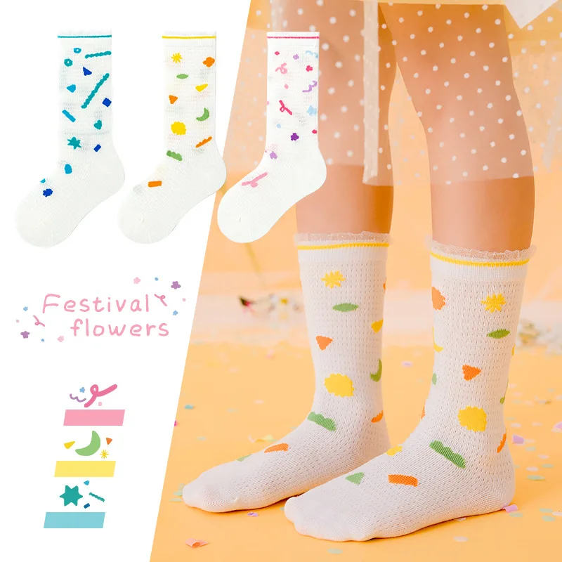 

Children's Socks Thin Cartoon Boneless Kids Pile Socks Print Mesh Breathable Spring Summer Girls Mesh Stockings Knee High Socks