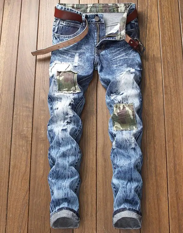 Men Jeans Holes Ripped Stretch Denim Pants Men's Fashion Jeans Patch Camo Hip Hop Jeans
