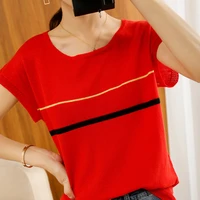 ladies knitted hollow large size t shirt summer new round neck stitching short sleeve pullover mesh sexy fashion all match top