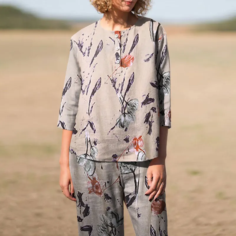 

2PCS Women Vintage Printed Sets ZANZEA 2022 kaftan 3/4 Sleeve Blouses and Pants Sets Female Floral Tops Elastic Waist Trousers