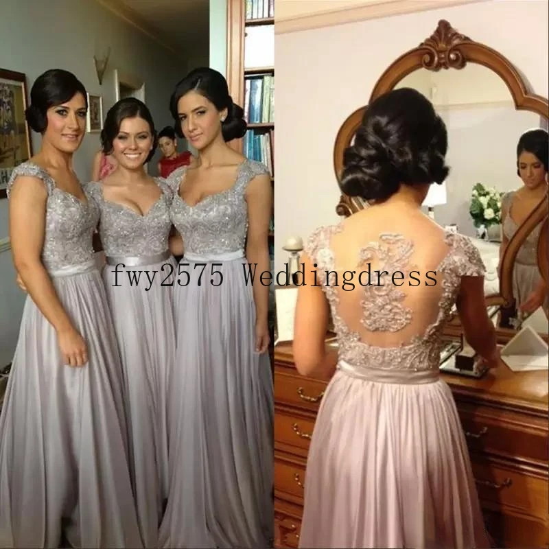 

Cheap Silver Chiffon Wedding Bridesmaid Dresses Embroidery Beads A Line with Sweetheart Short Sleeve Sheer Back Floor Length