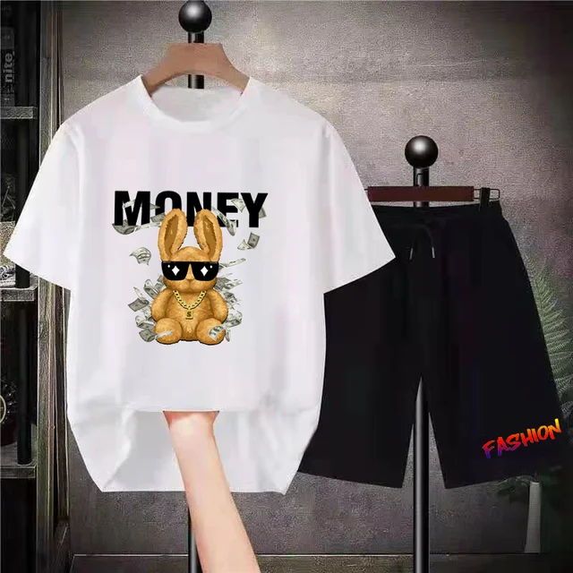 2023 Men Fashion Solid Color T-shirt Set Money Bear Rabbit Print Short Sleeve Sportswear Street Wear Summer Unisexual Shorts Set