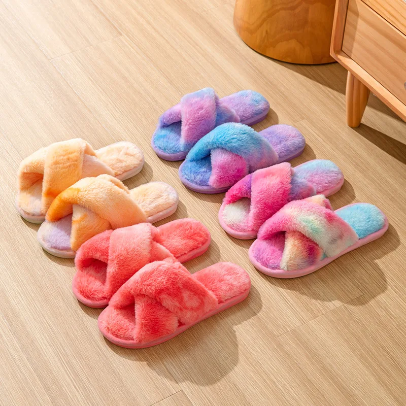 New  Women's Cross Fur Rainbow  Colorful Winter Slipper Home Shoes For Female  Indoor House Floor Slippers
