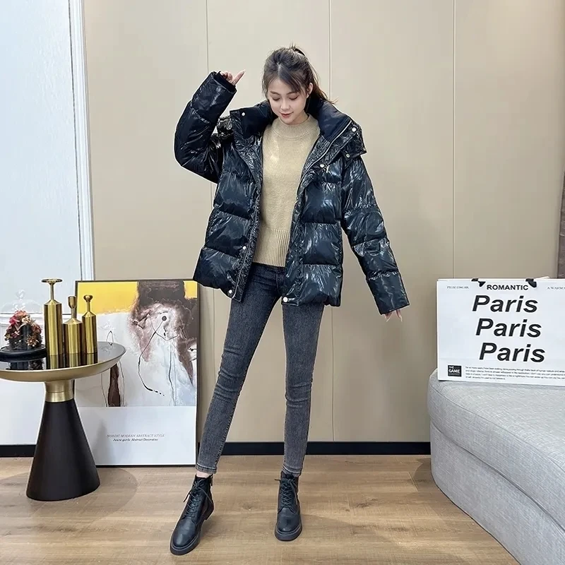 Down Jacket Women 2022 Winter New Korean Bright Fashion Casual White Duck Down Coat Female Hooded Loose Thick Warm Parkas