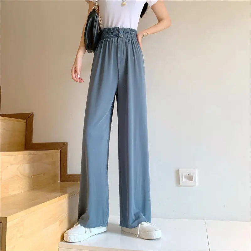 Women Korean Wide Leg Loose Casual Pants 2021 Summer Elastic Waist Solid Color Pant Female Fashion Plus Size Elegant Trouser Pop