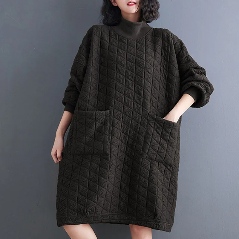 

Women Thick Loose Dress Turtleneck Solid Color Long Sleeve Pocket Dresses 2023 Autumn Winter New Sweet Style Clothes