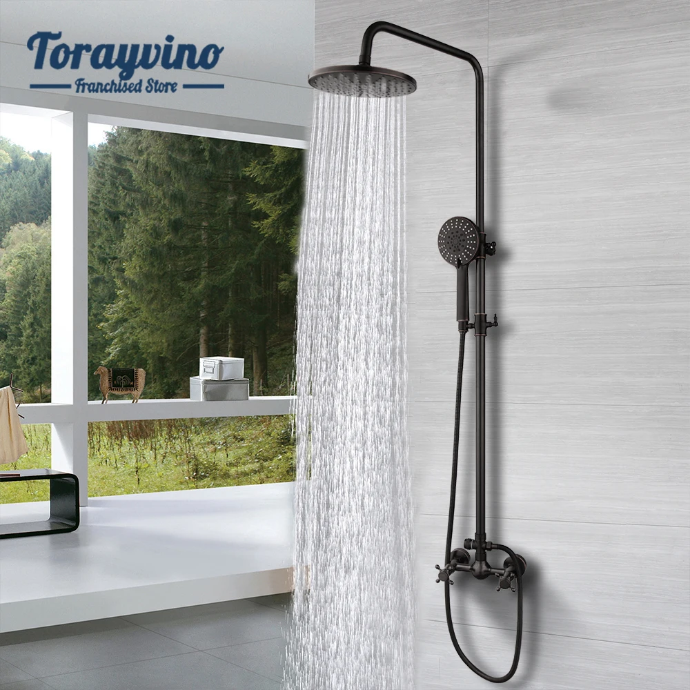 

Torayvino Bathroom Shower Faucet Set Mixer Black Wall Mounted Rainfall 8.8" Round Head Hand Shower Spray Adjustable Hand Shower