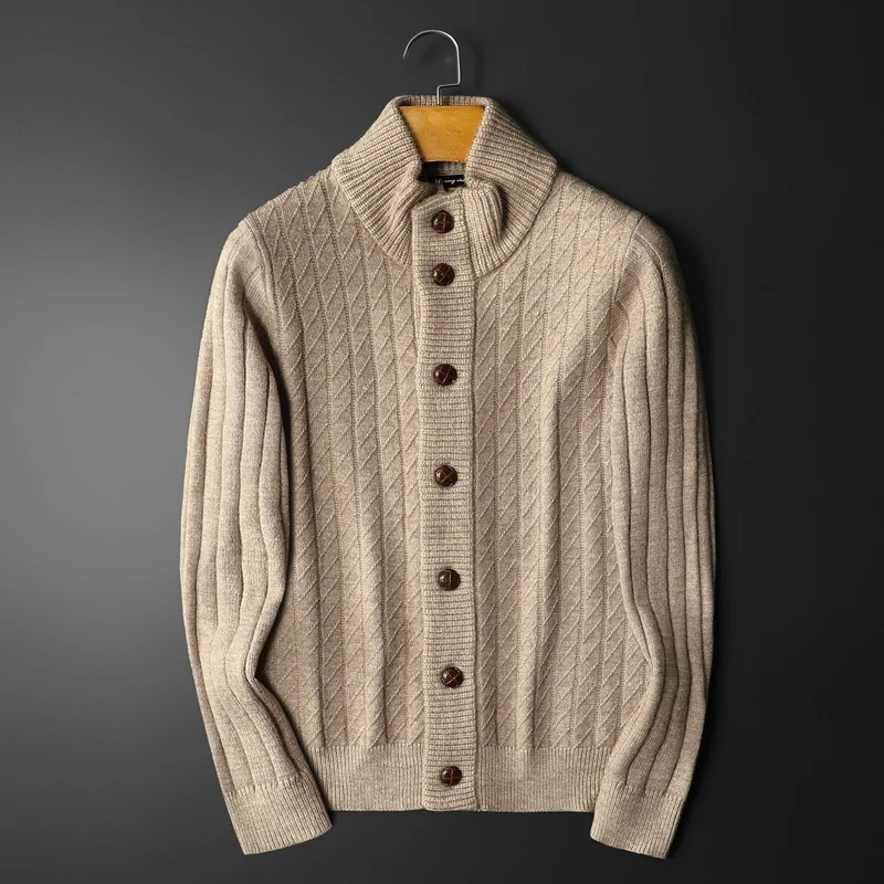 Luxury Coase Yarn Sweater Men Cardigan Black Khaki Warm Comfy Fashion Sweater Stand Collar Thick Knitted Cardigan Men Sweater